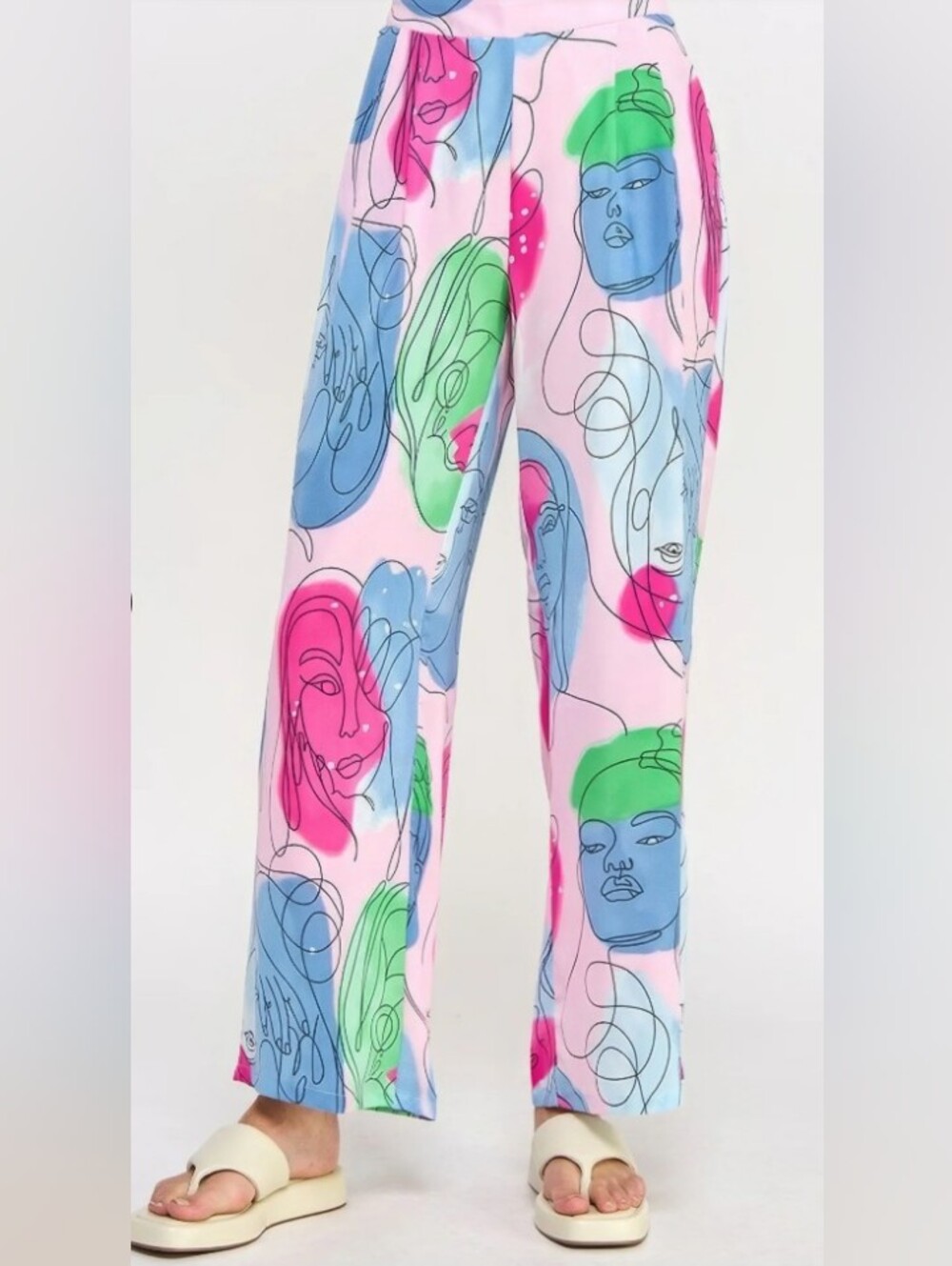 BLUE /WHITE ONLY Women’s Abstract Face Print Wide-Leg Pants - Picture 5 of 5